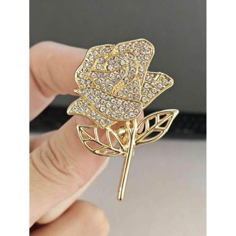Gold Rose Flower Brooch With Shiny CZ Rhinestone, Metal Pin Broo - Picture 3 of 3